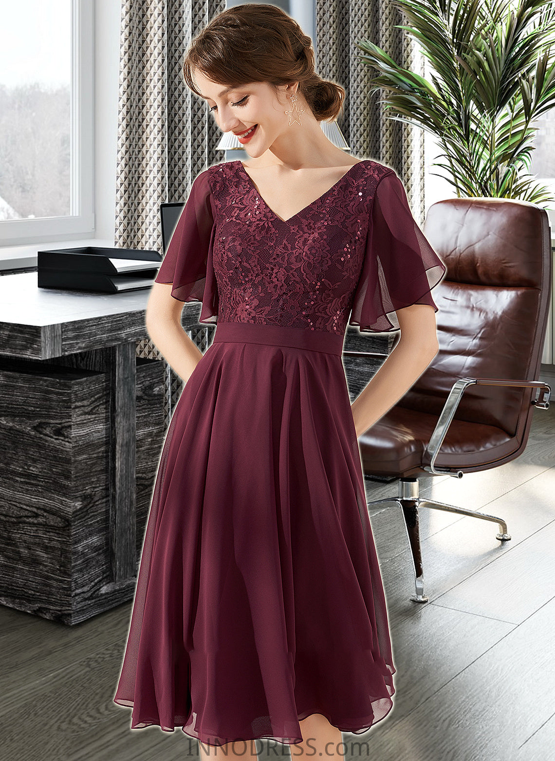 Aliza A-Line V-neck Knee-Length Chiffon Lace Bridesmaid Dress With Sequins DPP0013246