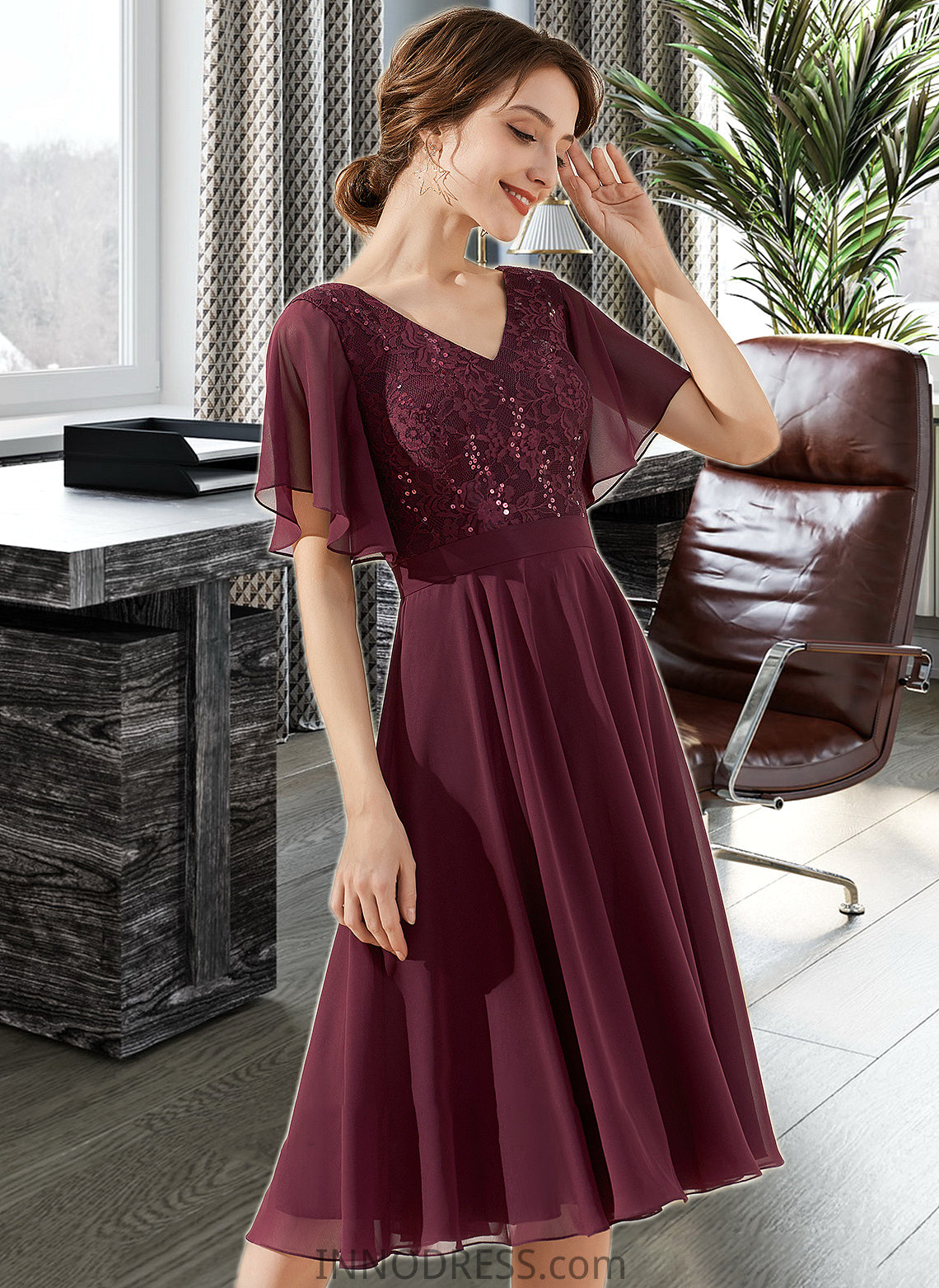 Aliza A-Line V-neck Knee-Length Chiffon Lace Bridesmaid Dress With Sequins DPP0013246