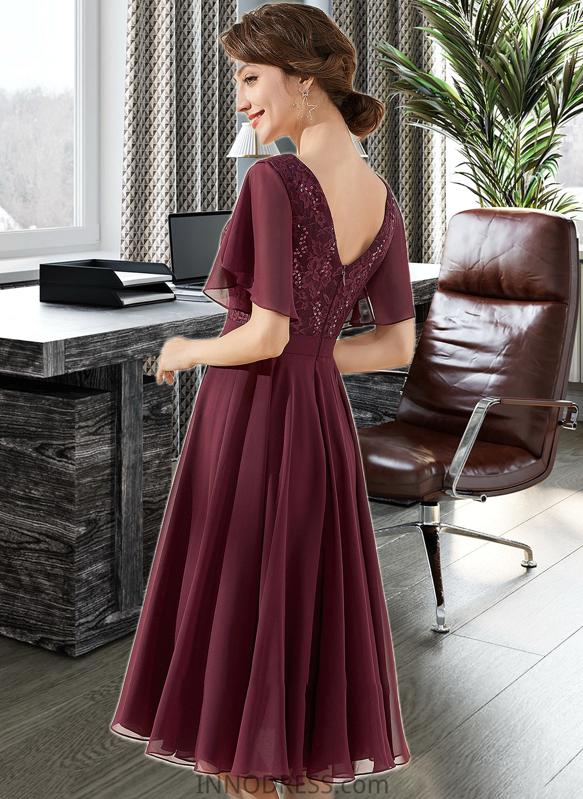 Aliza A-Line V-neck Knee-Length Chiffon Lace Bridesmaid Dress With Sequins DPP0013246