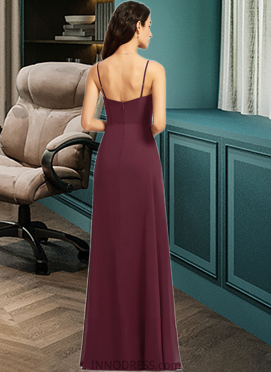 Robin Sheath/Column V-neck Floor-Length Bridesmaid Dress With Ruffle Split Front DPP0013247