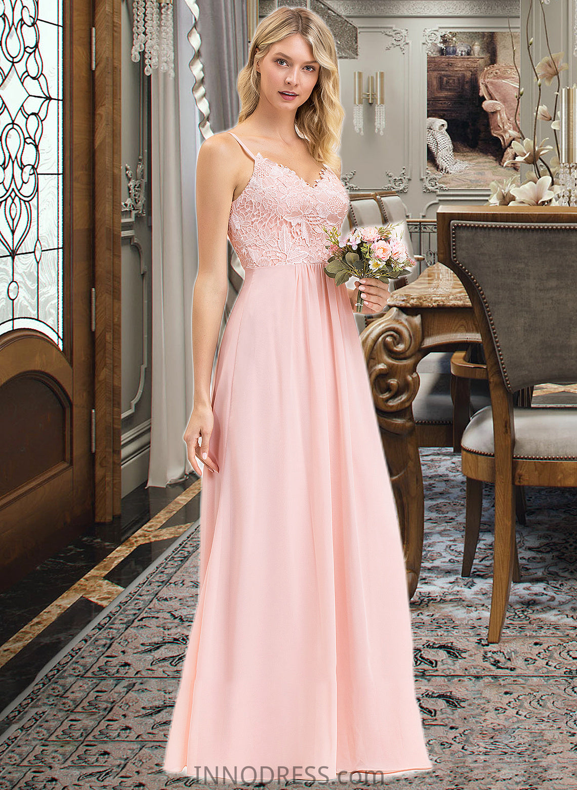 Selina A-Line Sweetheart Floor-Length Chiffon Lace Bridesmaid Dress DPP0013248