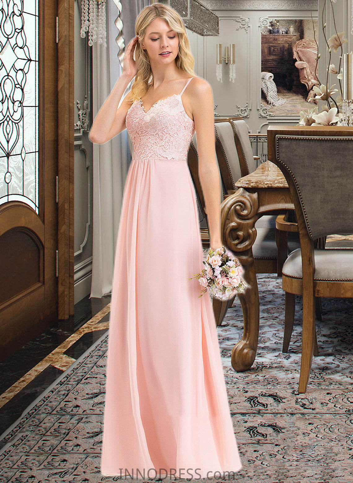 Selina A-Line Sweetheart Floor-Length Chiffon Lace Bridesmaid Dress DPP0013248