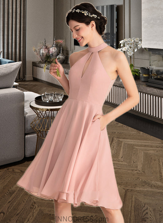 Amy A-Line Scoop Neck Knee-Length Chiffon Bridesmaid Dress With Lace Pockets DPP0013249