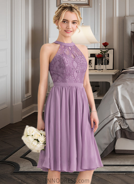 Desirae A-Line Scoop Neck Knee-Length Chiffon Lace Bridesmaid Dress DPP0013250