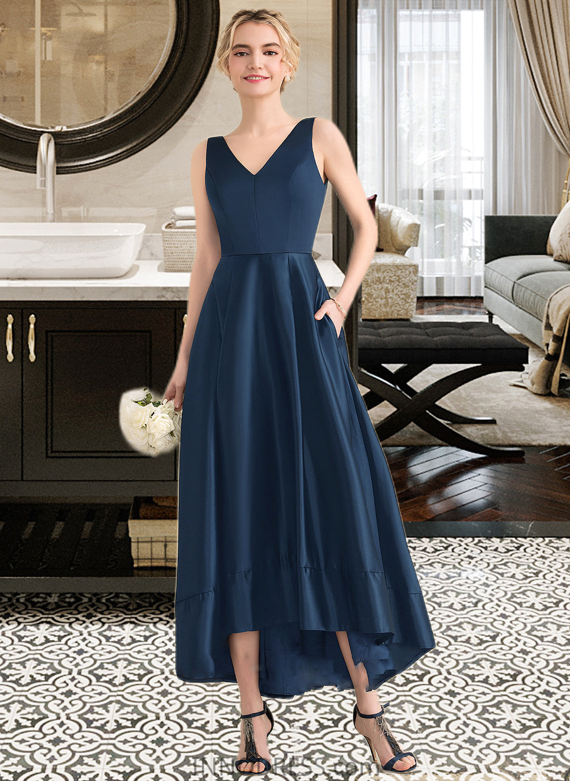 Janessa Ball-Gown/Princess V-neck Asymmetrical Satin Bridesmaid Dress With Pockets DPP0013251