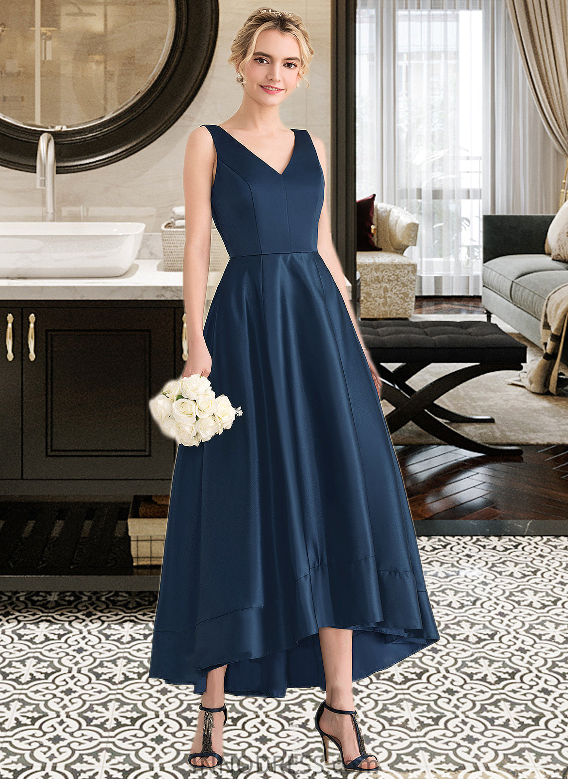 Janessa Ball-Gown/Princess V-neck Asymmetrical Satin Bridesmaid Dress With Pockets DPP0013251