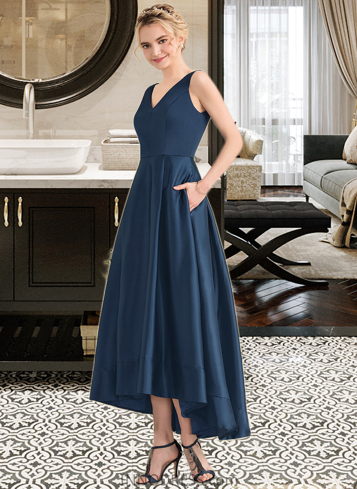 Janessa Ball-Gown/Princess V-neck Asymmetrical Satin Bridesmaid Dress With Pockets DPP0013251