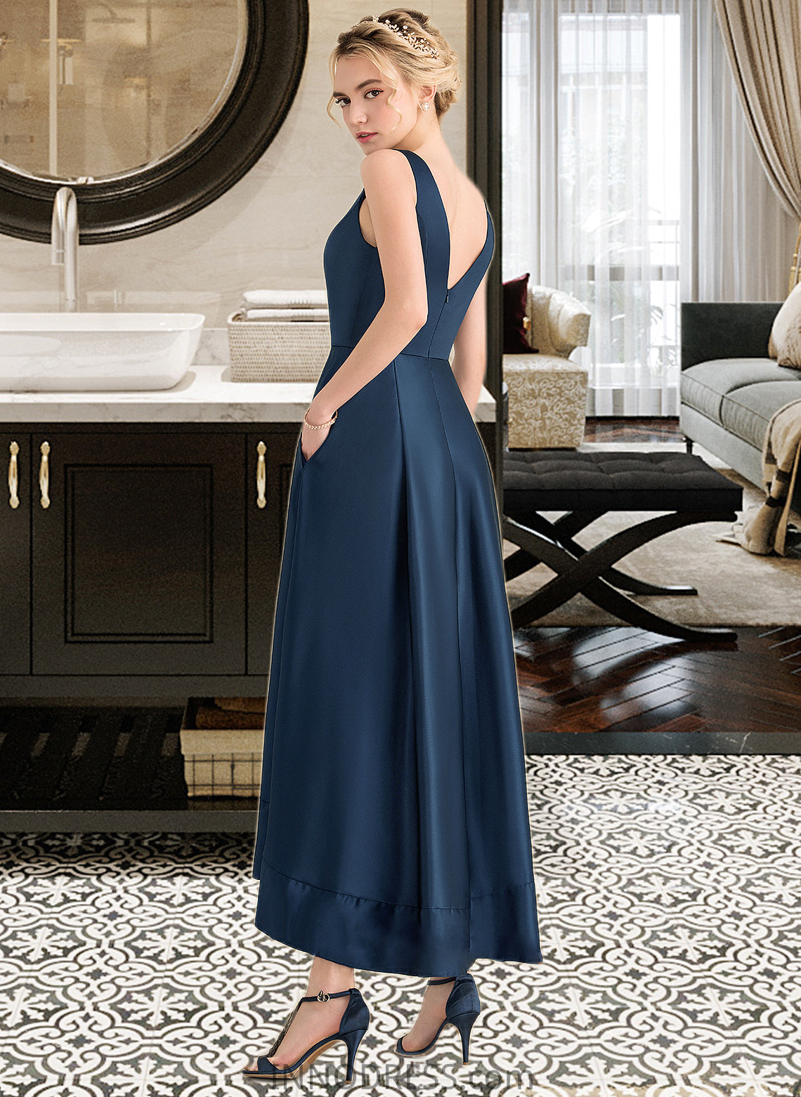 Janessa Ball-Gown/Princess V-neck Asymmetrical Satin Bridesmaid Dress With Pockets DPP0013251