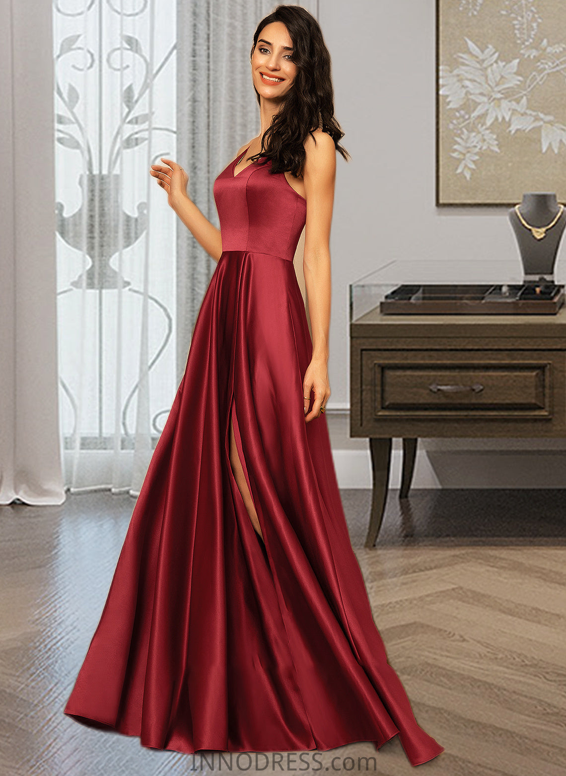 Joselyn A-LineV-neckFloor-LengthSatinBridesmaidDressWithPockets#251382 DPP0013256