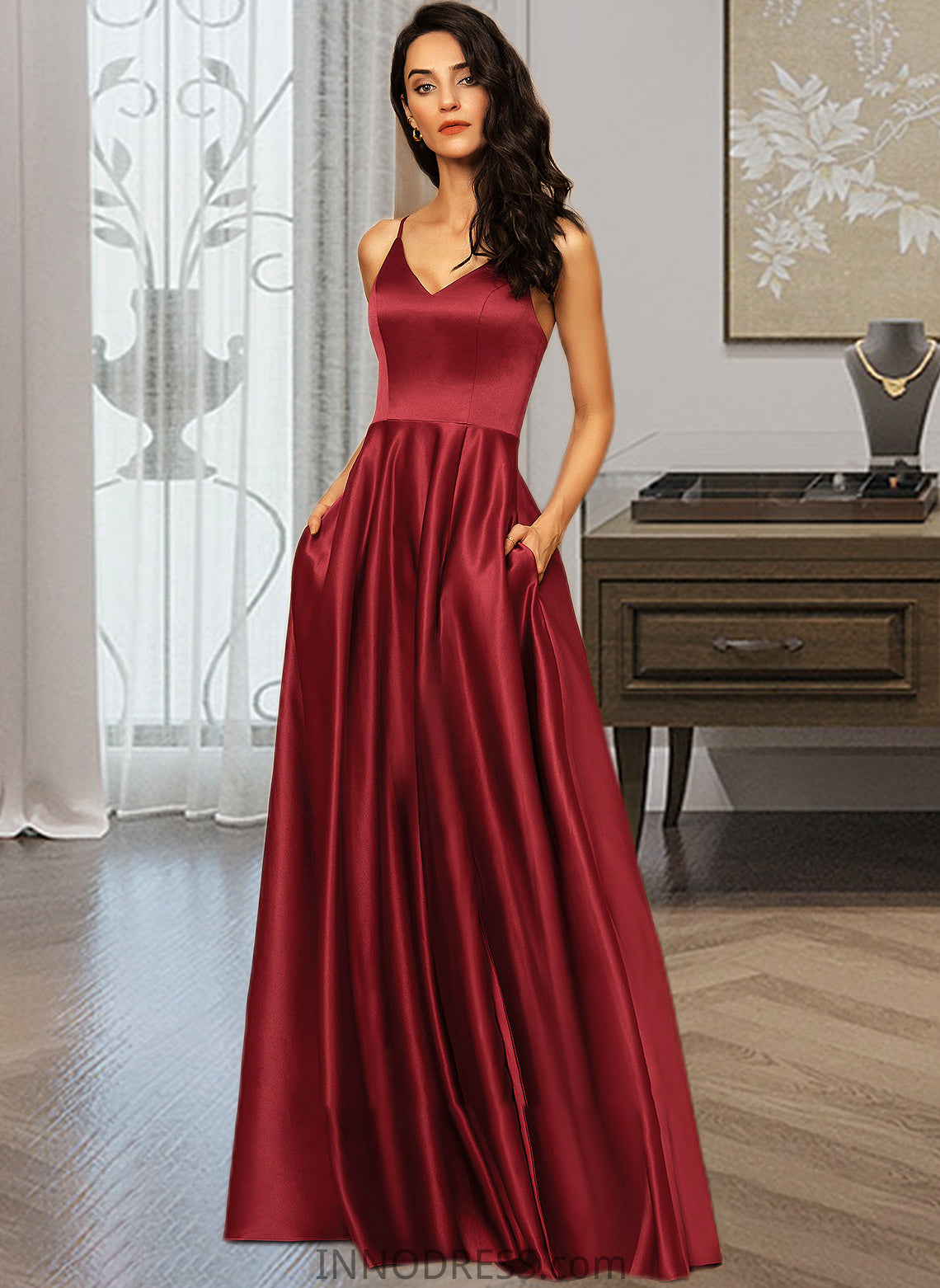 Joselyn A-LineV-neckFloor-LengthSatinBridesmaidDressWithPockets#251382 DPP0013256