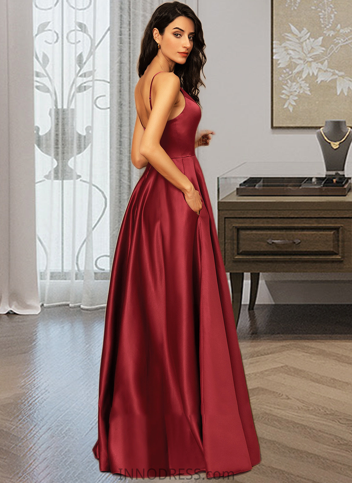 Joselyn A-LineV-neckFloor-LengthSatinBridesmaidDressWithPockets#251382 DPP0013256