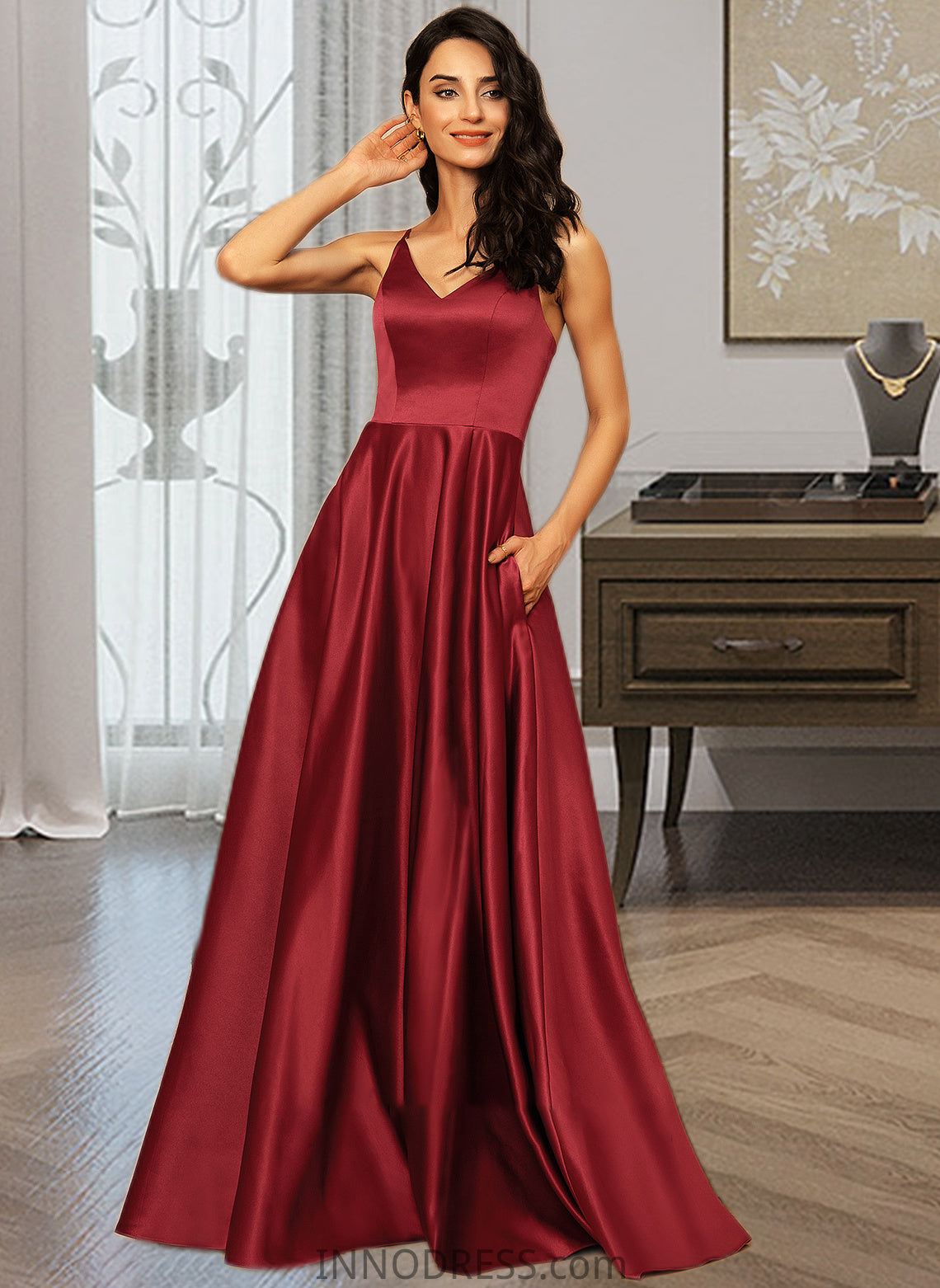 Joselyn A-LineV-neckFloor-LengthSatinBridesmaidDressWithPockets#251382 DPP0013256