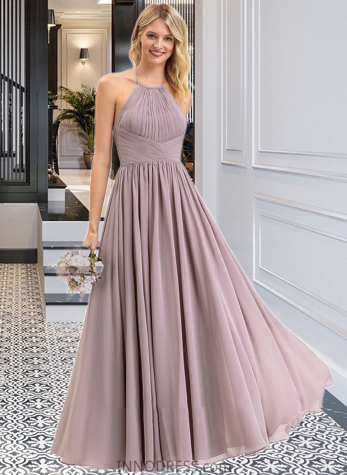 Gabrielle Empire Halter Floor-Length Chiffon Bridesmaid Dress With Ruffle Bow(s) DPP0013258