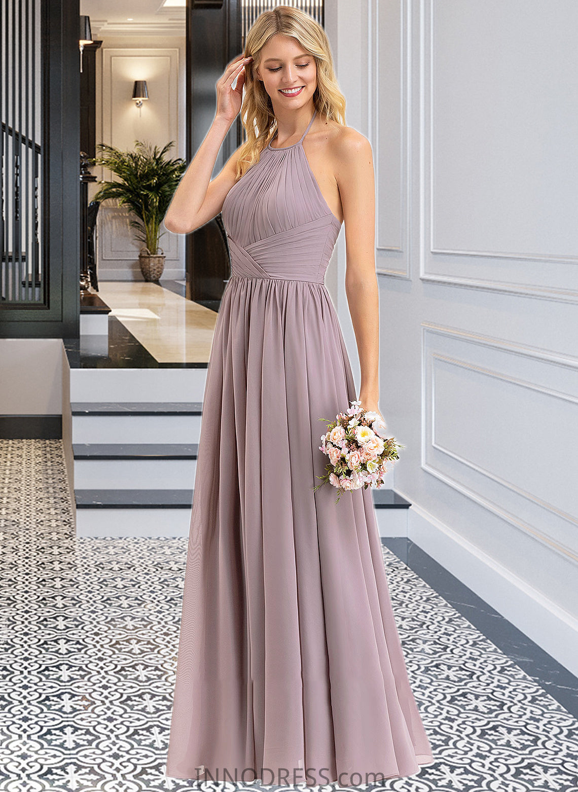 Gabrielle Empire Halter Floor-Length Chiffon Bridesmaid Dress With Ruffle Bow(s) DPP0013258