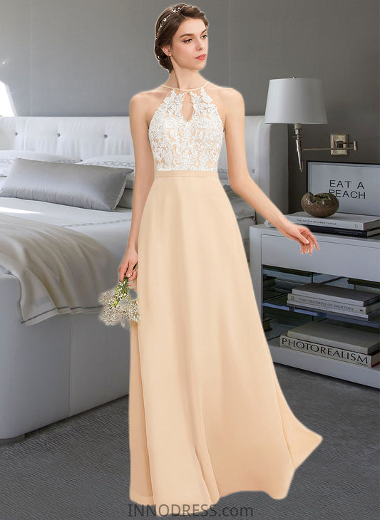 Vera A-Line Scoop Neck Floor-Length Chiffon Lace Bridesmaid Dress With Bow(s) DPP0013259