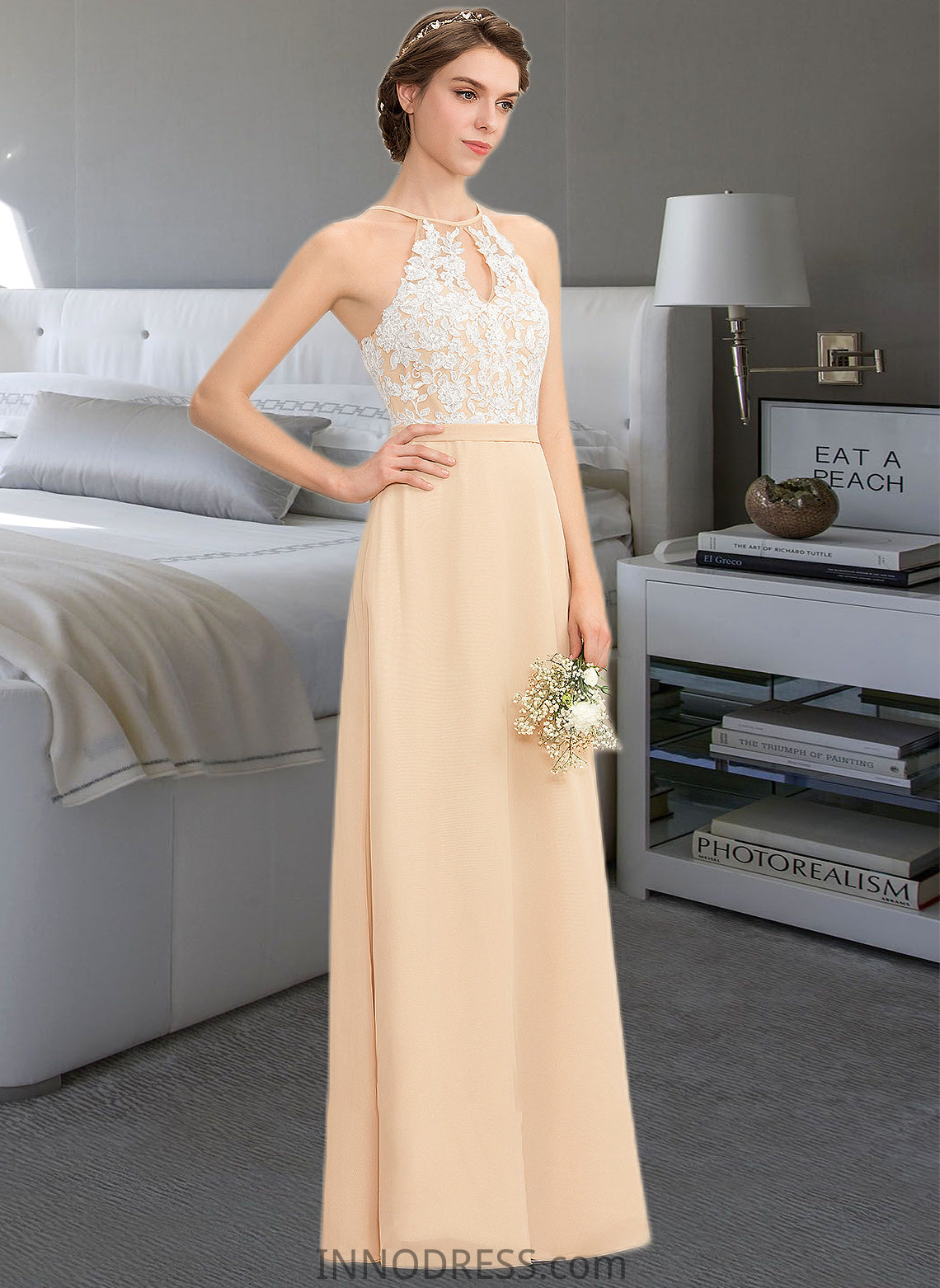 Vera A-Line Scoop Neck Floor-Length Chiffon Lace Bridesmaid Dress With Bow(s) DPP0013259