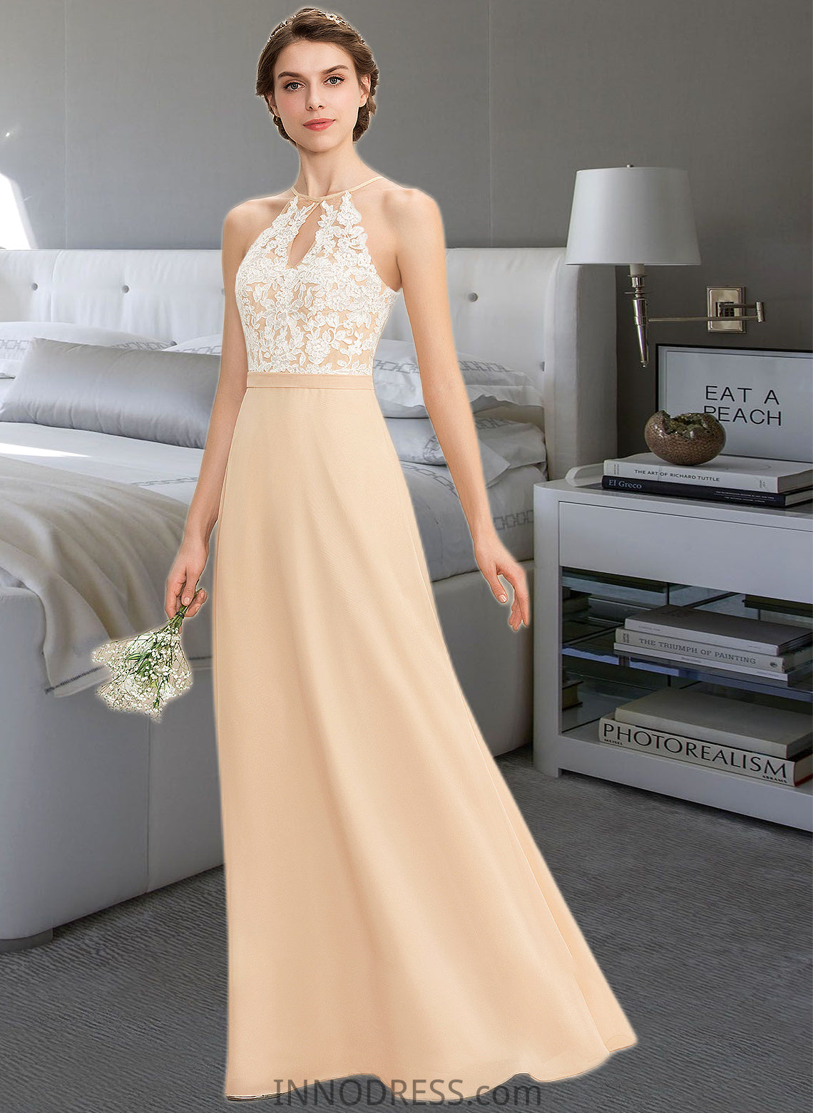 Vera A-Line Scoop Neck Floor-Length Chiffon Lace Bridesmaid Dress With Bow(s) DPP0013259