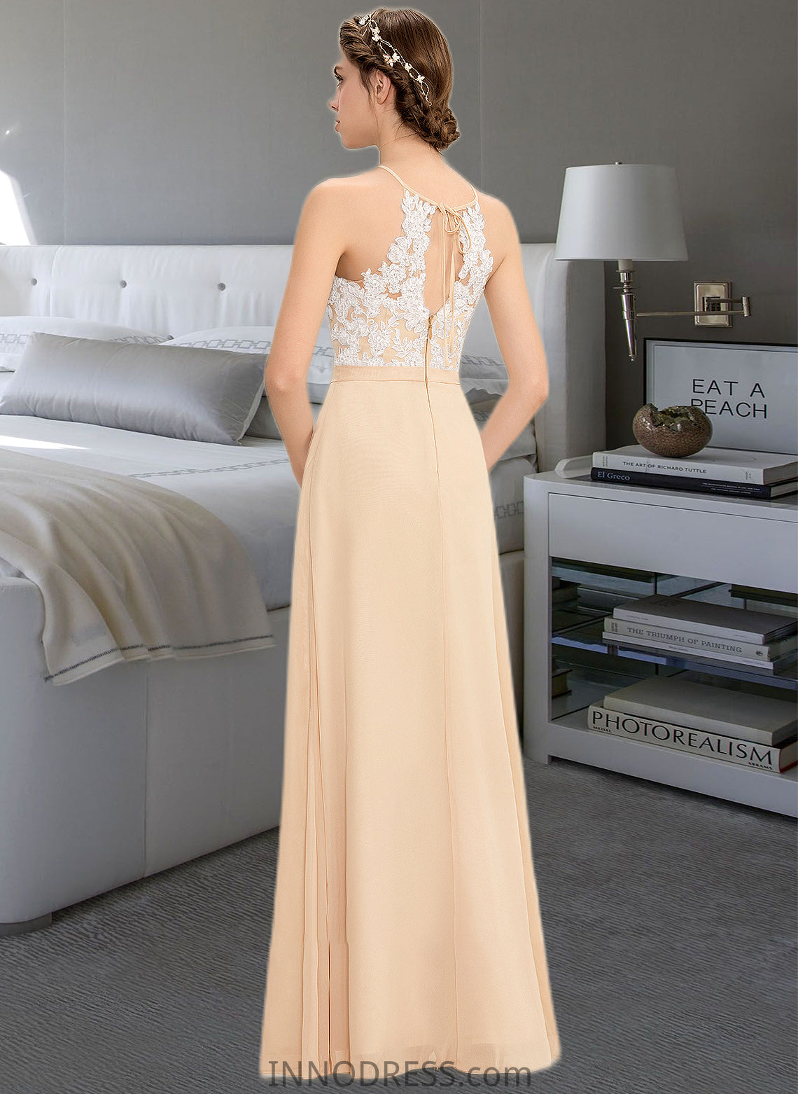 Vera A-Line Scoop Neck Floor-Length Chiffon Lace Bridesmaid Dress With Bow(s) DPP0013259