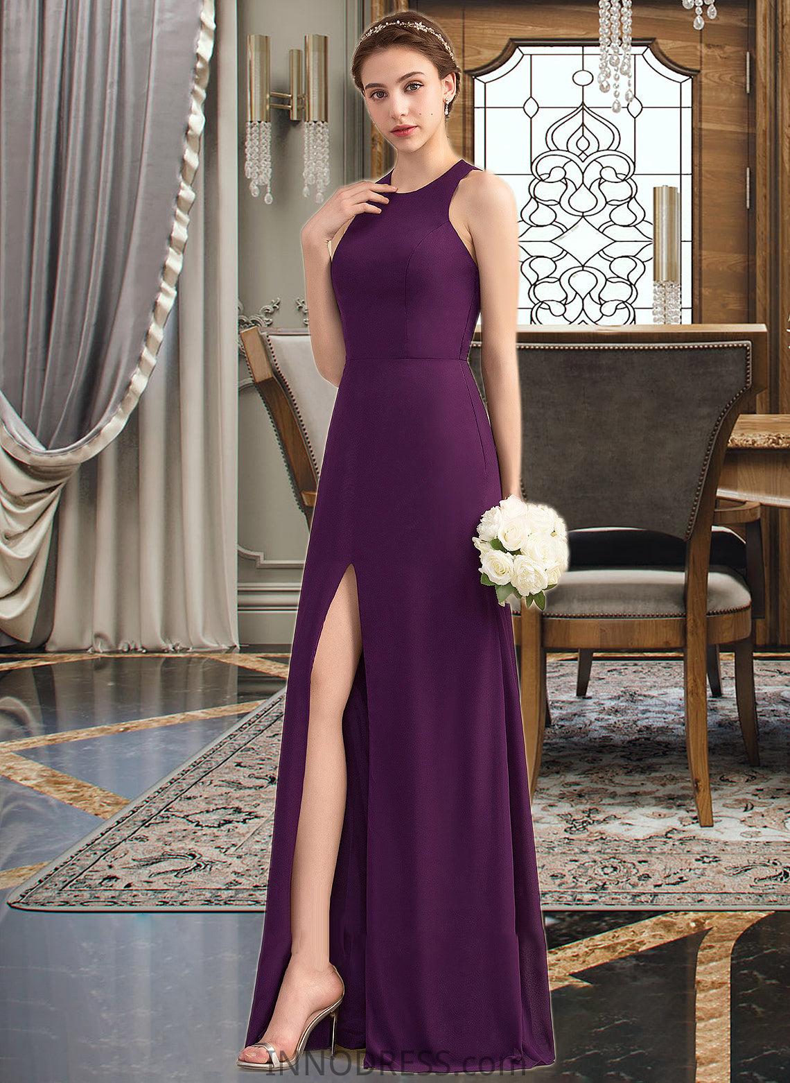 Angelica A-Line Scoop Neck Floor-Length Chiffon Bridesmaid Dress With Split Front DPP0013260