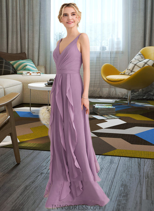 Minnie A-Line V-neck Floor-Length Chiffon Bridesmaid Dress With Cascading Ruffles DPP0013261