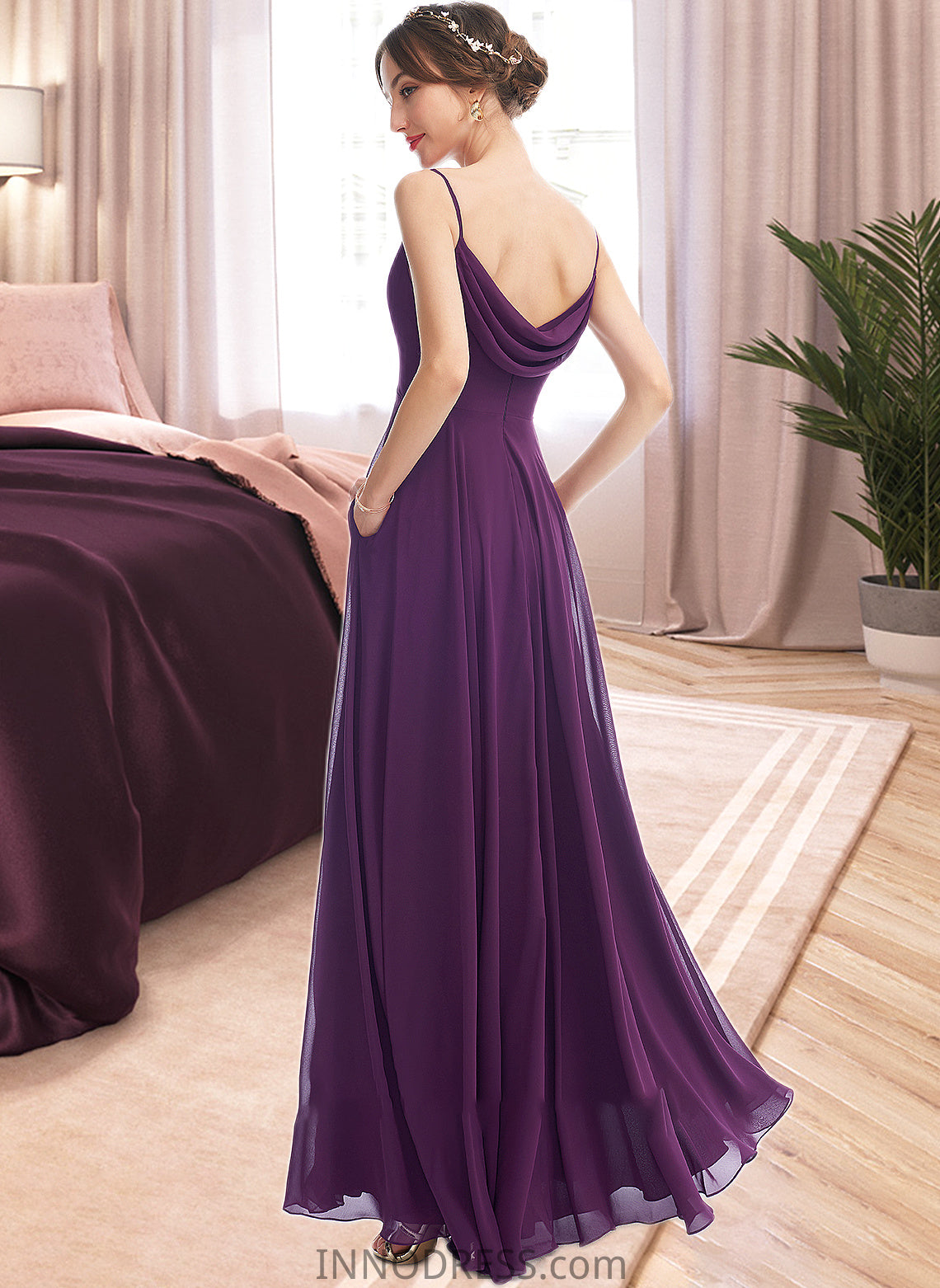 Kaylee A-Line V-neck Floor-Length Bridesmaid Dress With Pockets DPP0013263