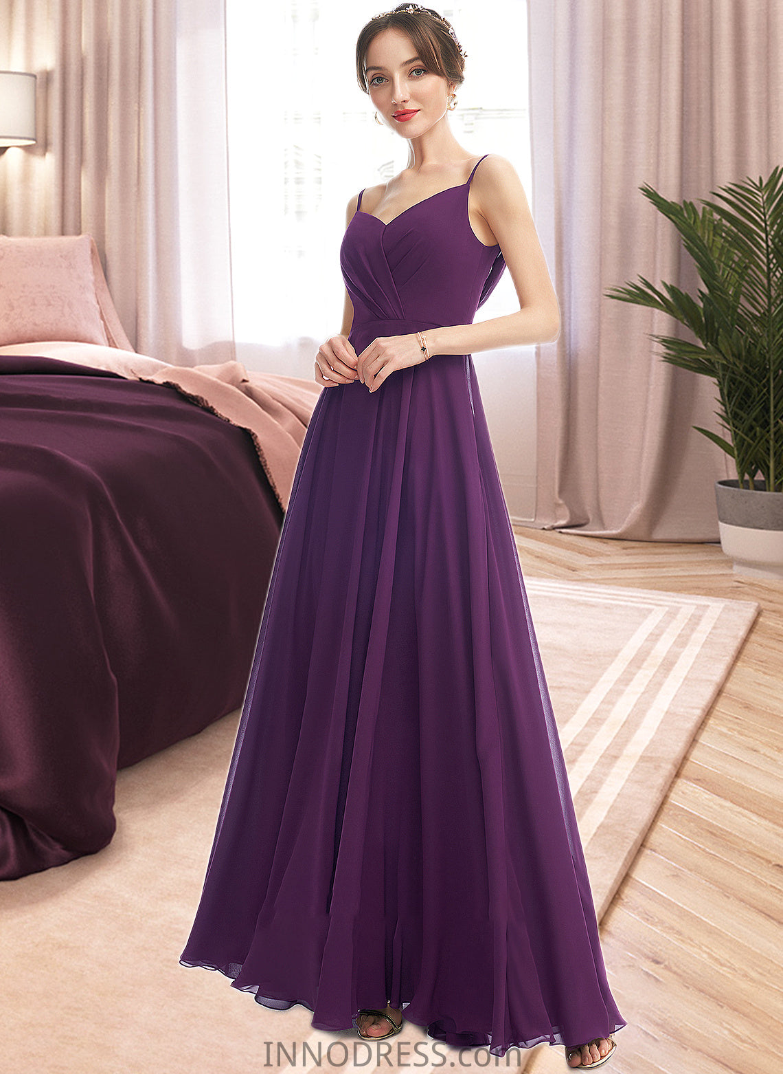 Kaylee A-Line V-neck Floor-Length Bridesmaid Dress With Pockets DPP0013263