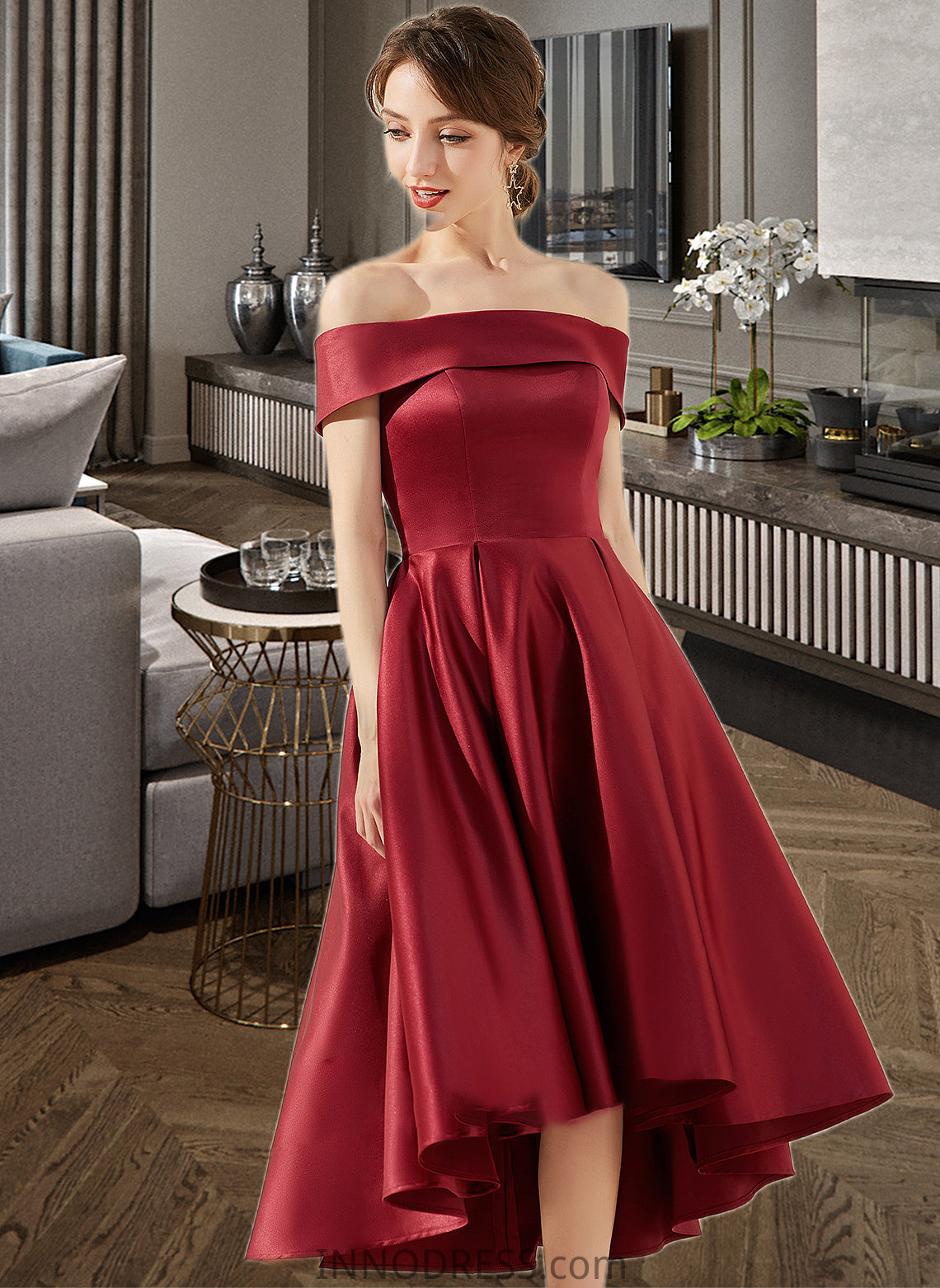 Gia A-Line Off-the-Shoulder Asymmetrical Satin Bridesmaid Dress With Pockets DPP0013264