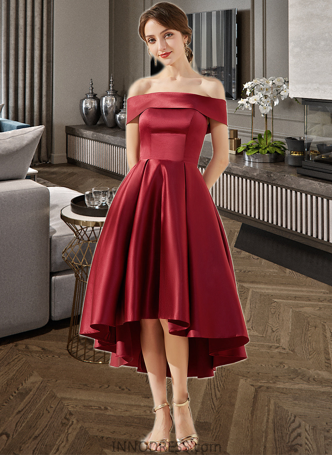 Gia A-Line Off-the-Shoulder Asymmetrical Satin Bridesmaid Dress With Pockets DPP0013264