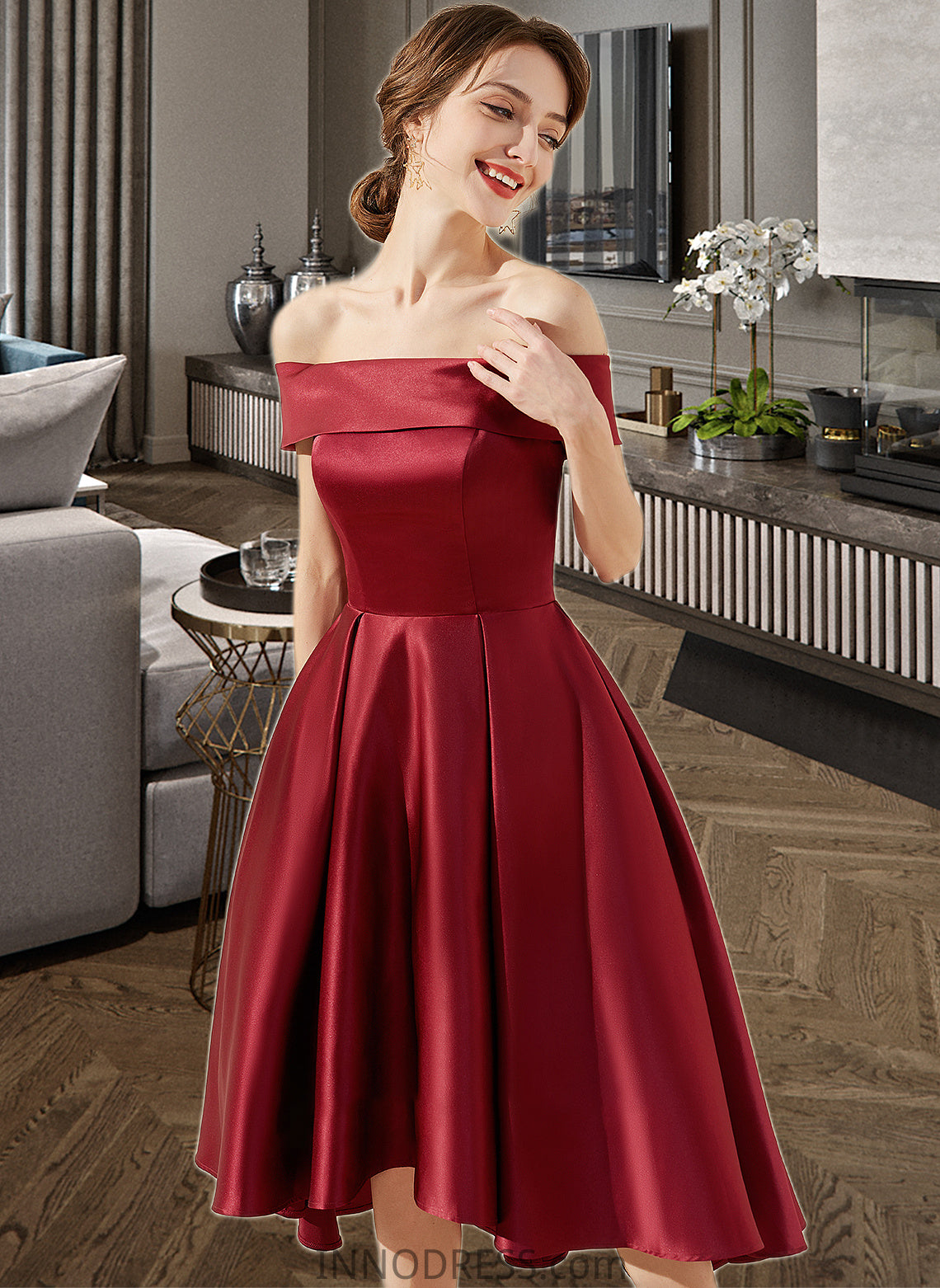 Gia A-Line Off-the-Shoulder Asymmetrical Satin Bridesmaid Dress With Pockets DPP0013264