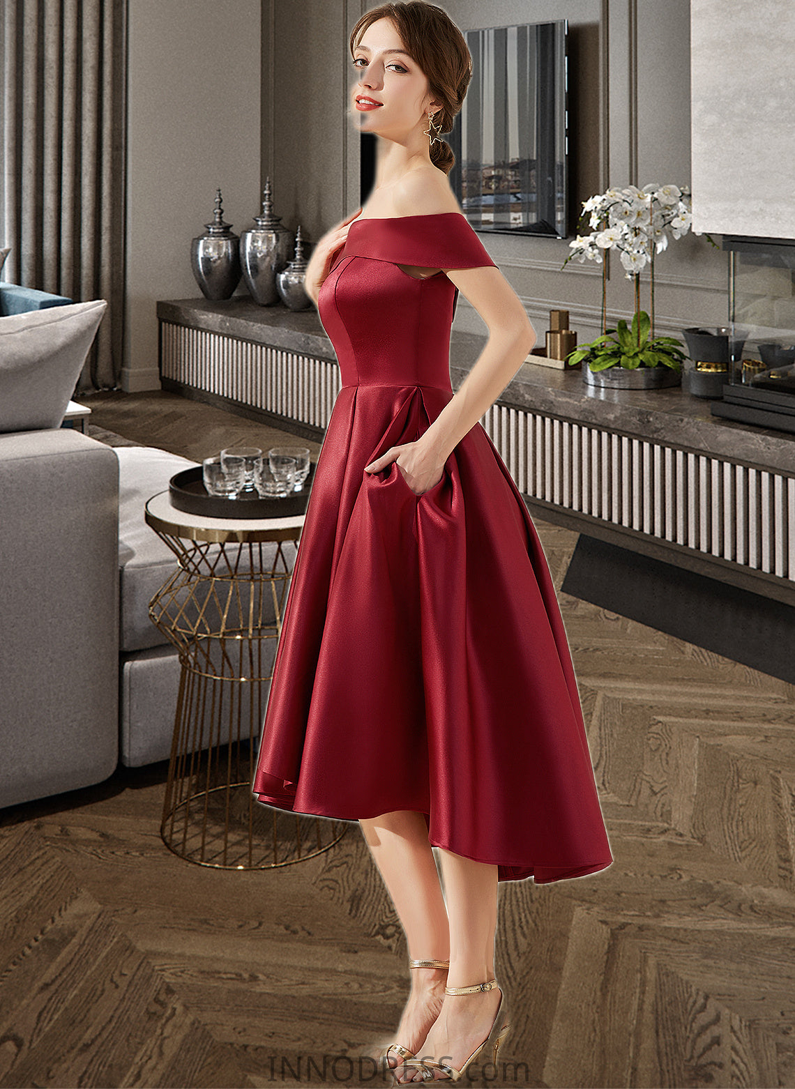 Gia A-Line Off-the-Shoulder Asymmetrical Satin Bridesmaid Dress With Pockets DPP0013264