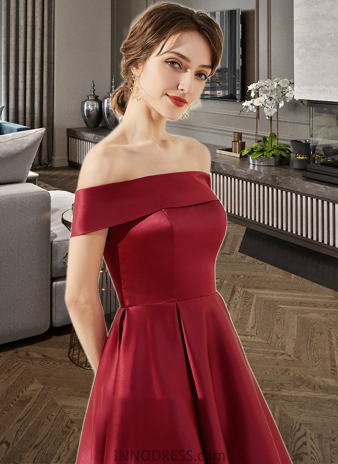 Gia A-Line Off-the-Shoulder Asymmetrical Satin Bridesmaid Dress With Pockets DPP0013264