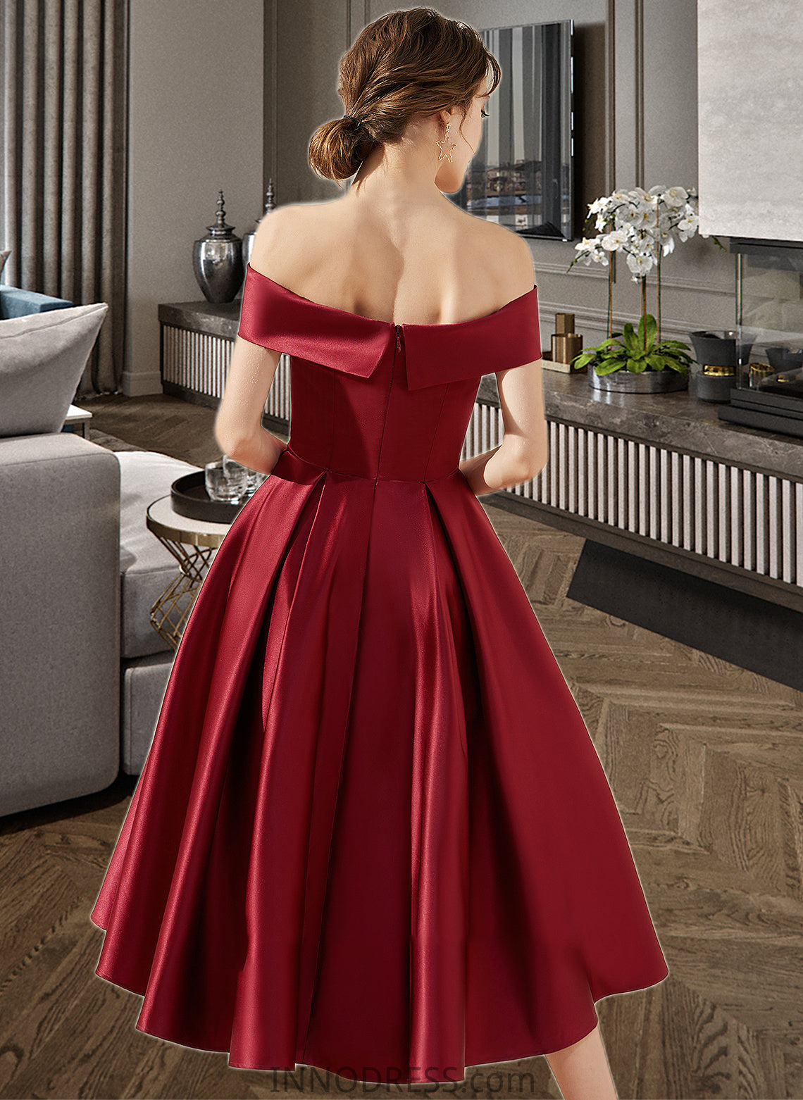 Gia A-Line Off-the-Shoulder Asymmetrical Satin Bridesmaid Dress With Pockets DPP0013264