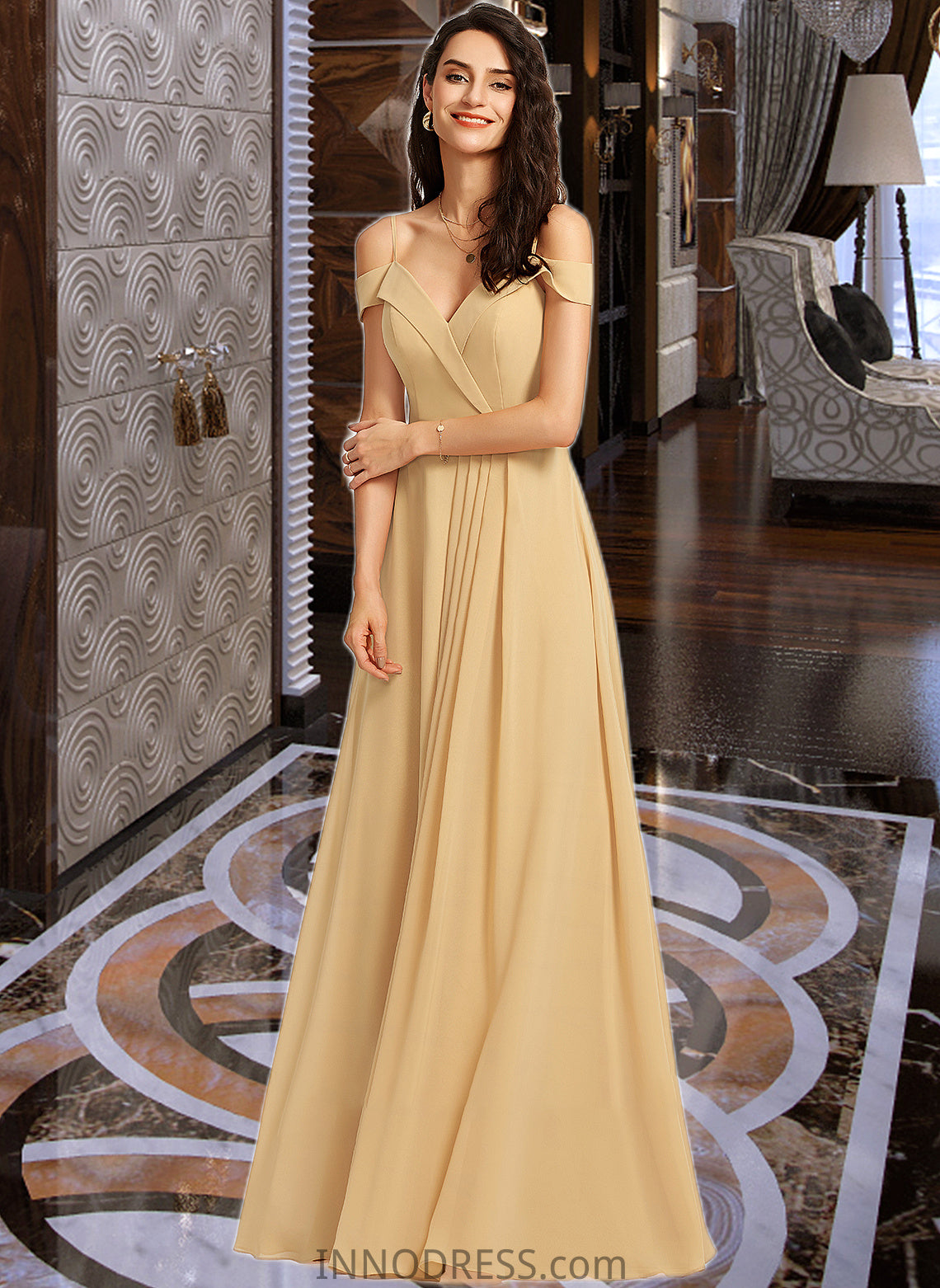 Tia A-Line V-neck Floor-Length Bridesmaid Dress DPP0013265