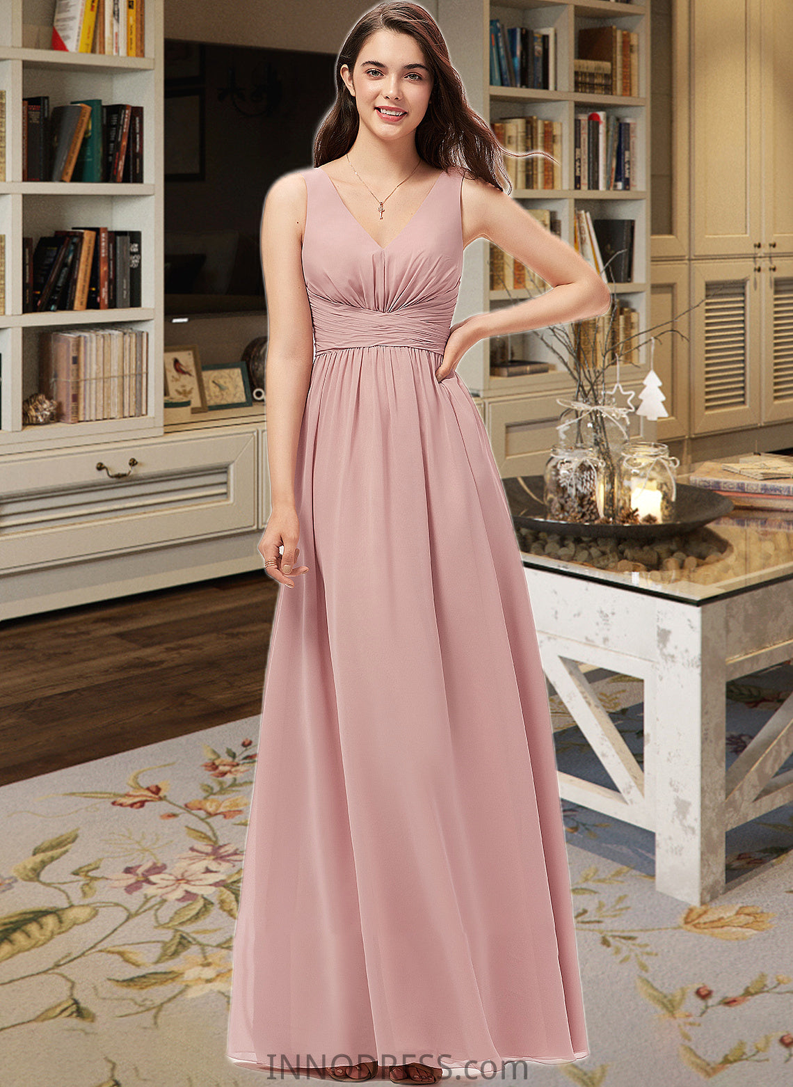 Kaylin A-Line V-neck Floor-Length Chiffon Bridesmaid Dress With Ruffle DPP0013266