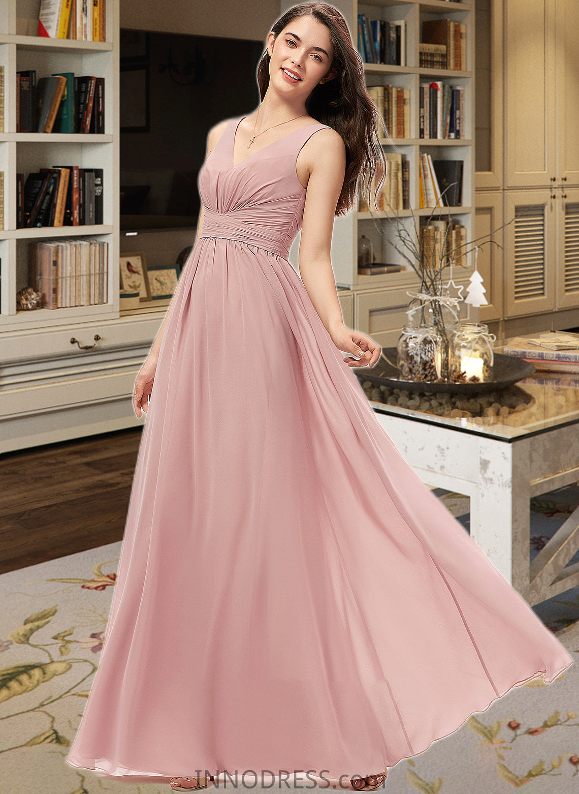 Kaylin A-Line V-neck Floor-Length Chiffon Bridesmaid Dress With Ruffle DPP0013266