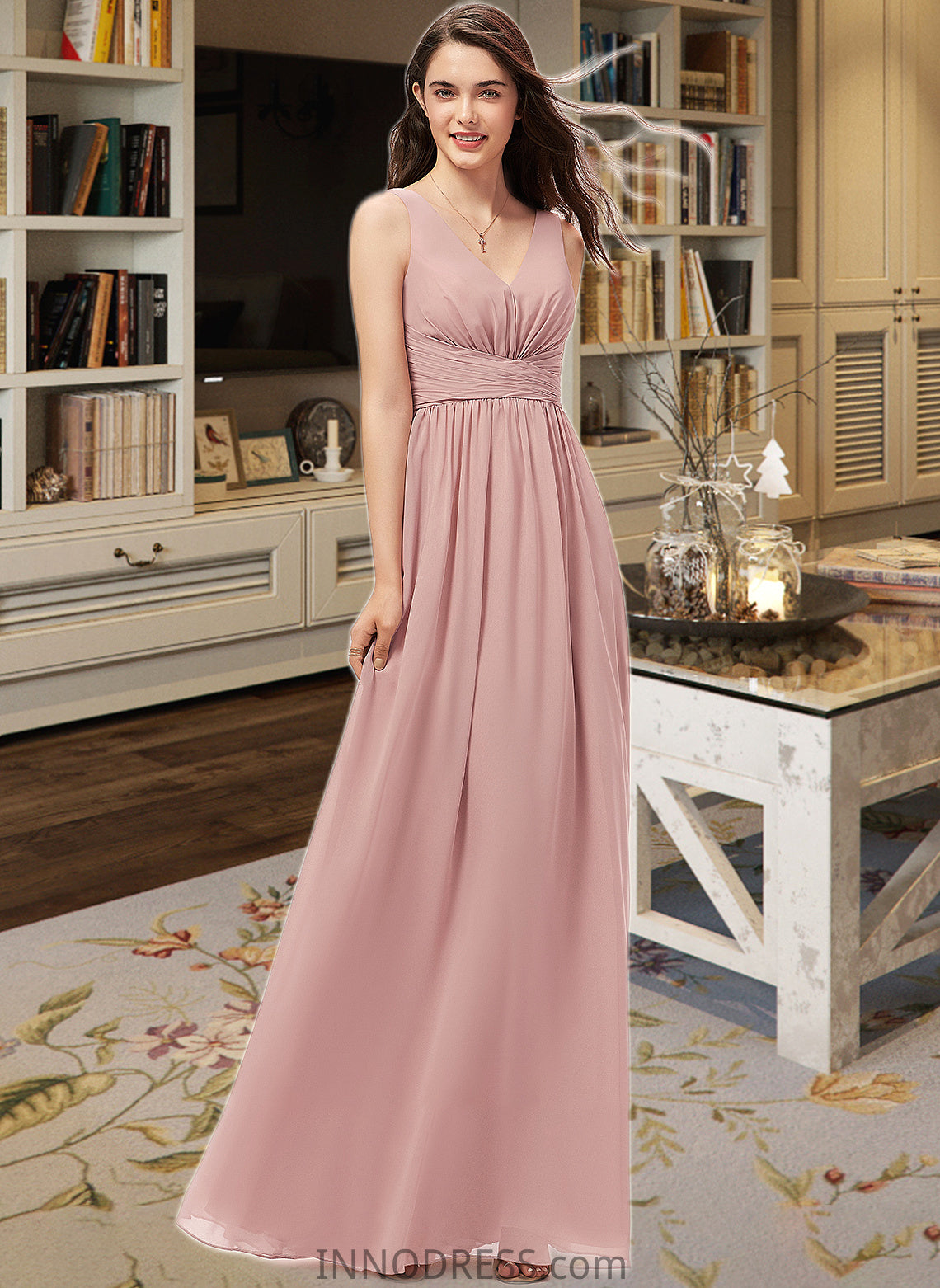 Kaylin A-Line V-neck Floor-Length Chiffon Bridesmaid Dress With Ruffle DPP0013266