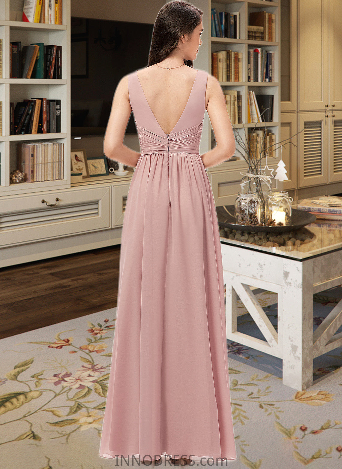 Kaylin A-Line V-neck Floor-Length Chiffon Bridesmaid Dress With Ruffle DPP0013266