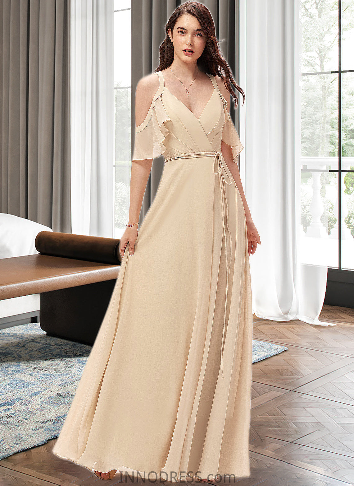 Lilliana A-Line V-neck Floor-Length Chiffon Bridesmaid Dress With Ruffle Split Front DPP0013267