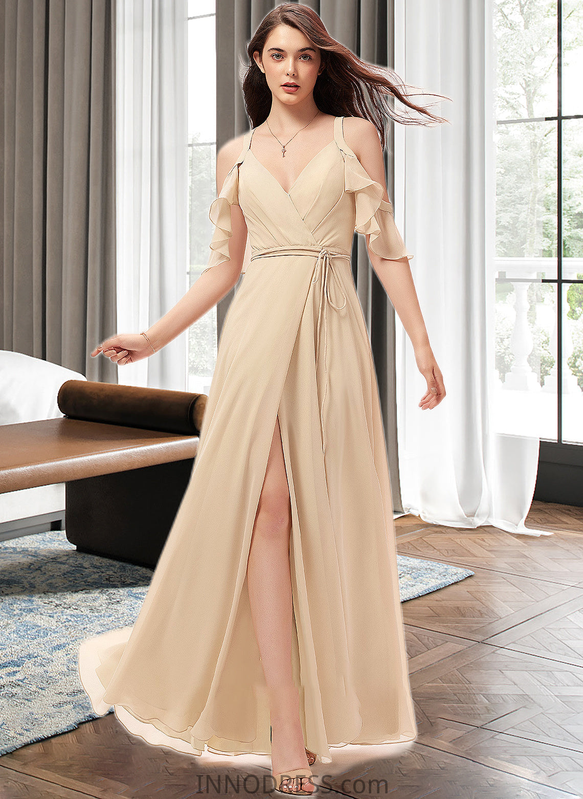 Lilliana A-Line V-neck Floor-Length Chiffon Bridesmaid Dress With Ruffle Split Front DPP0013267