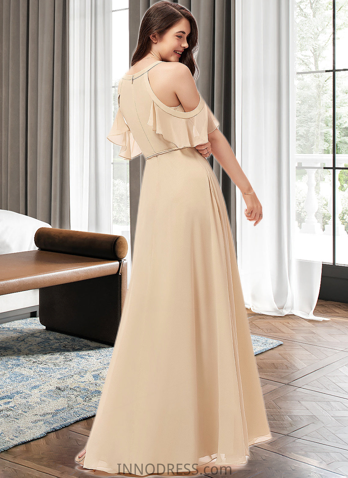 Lilliana A-Line V-neck Floor-Length Chiffon Bridesmaid Dress With Ruffle Split Front DPP0013267