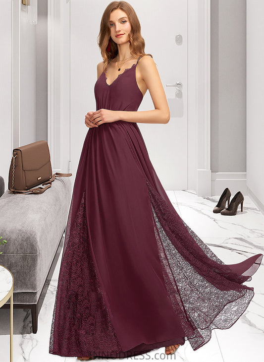 Mila A-Line V-neck Floor-Length Chiffon Lace Bridesmaid Dress DPP0013268