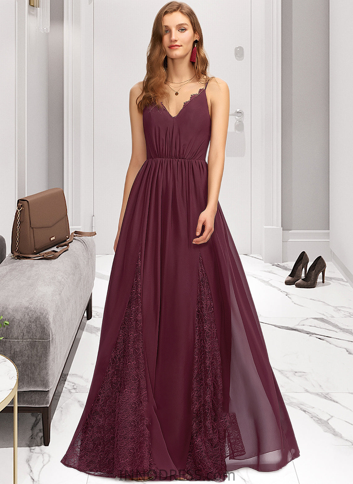 Mila A-Line V-neck Floor-Length Chiffon Lace Bridesmaid Dress DPP0013268