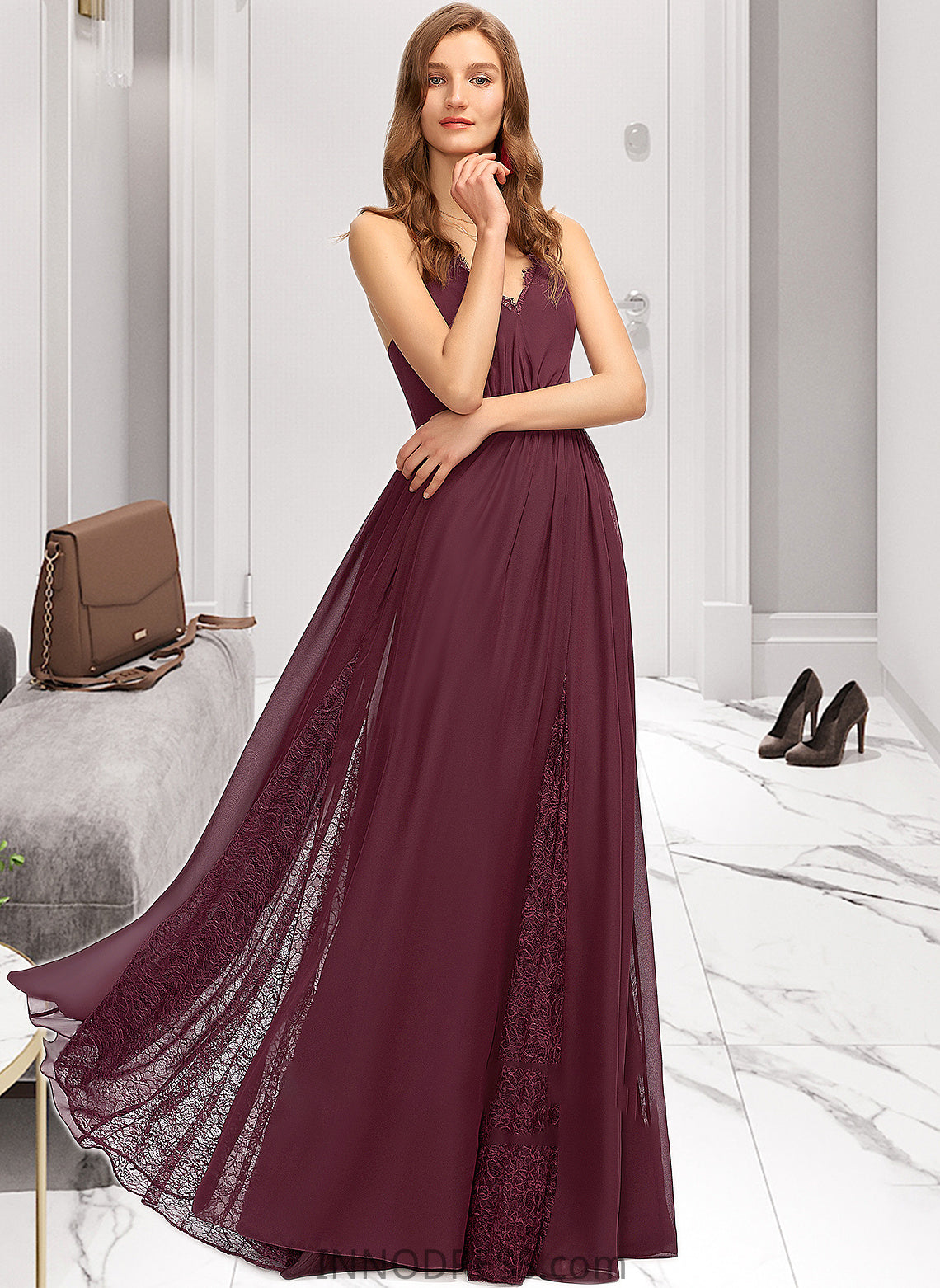 Mila A-Line V-neck Floor-Length Chiffon Lace Bridesmaid Dress DPP0013268