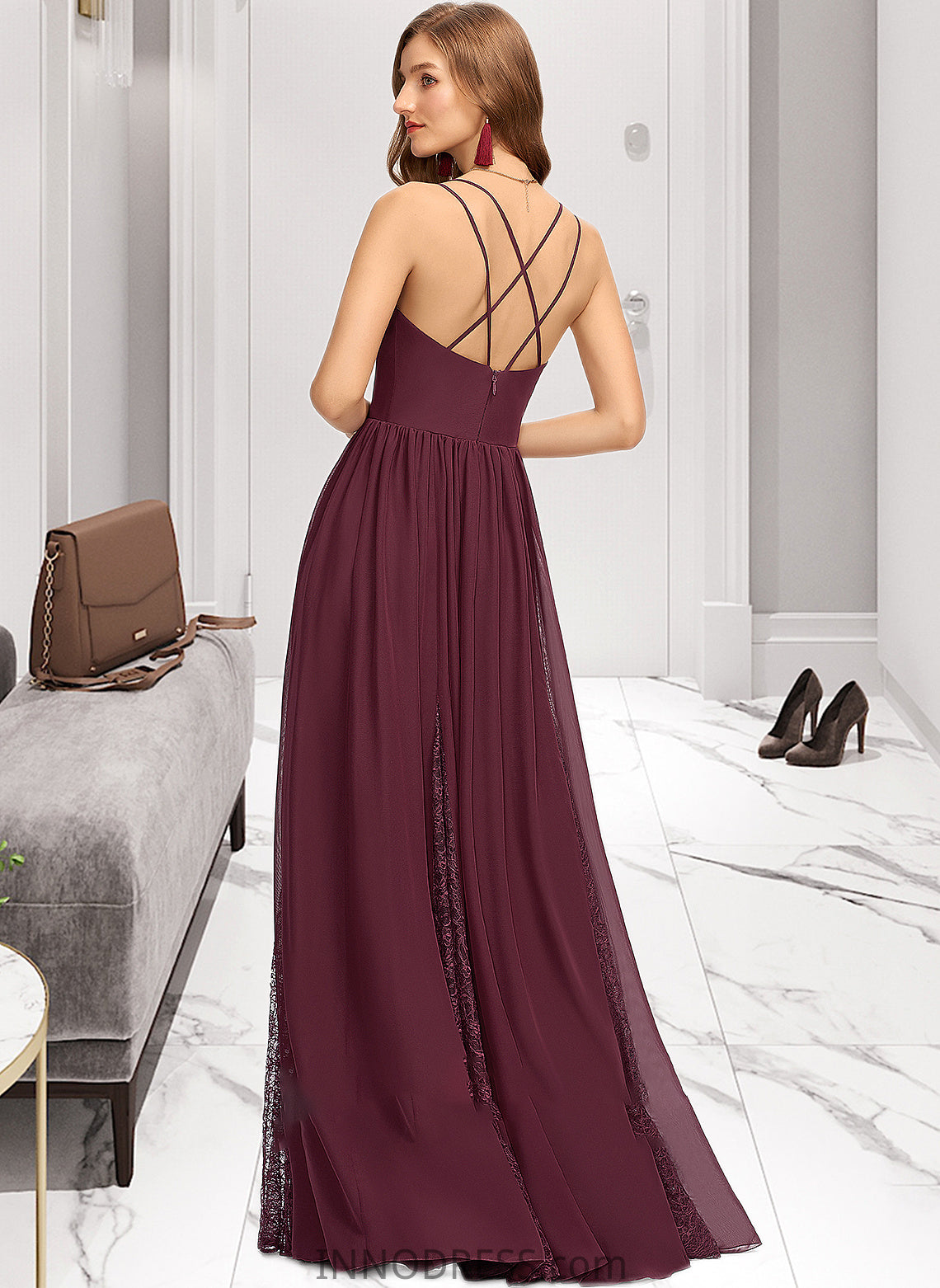 Mila A-Line V-neck Floor-Length Chiffon Lace Bridesmaid Dress DPP0013268