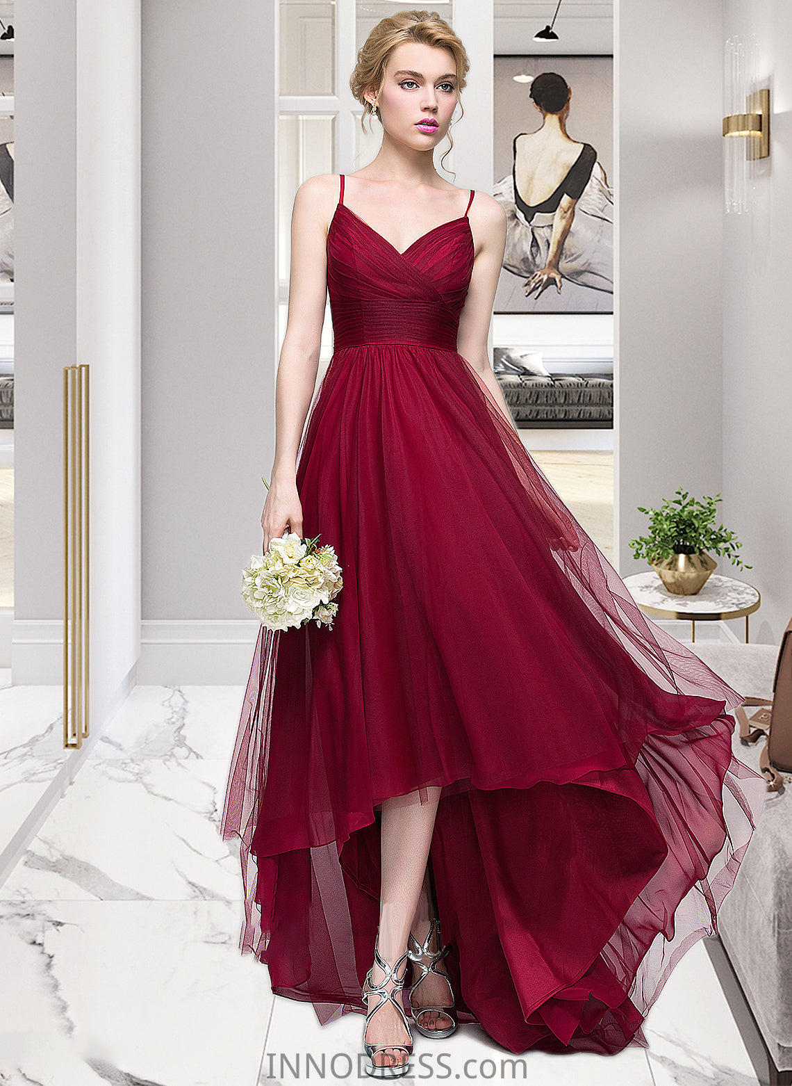 Isabelle A-Line V-neck Asymmetrical Tulle Bridesmaid Dress DPP0013270