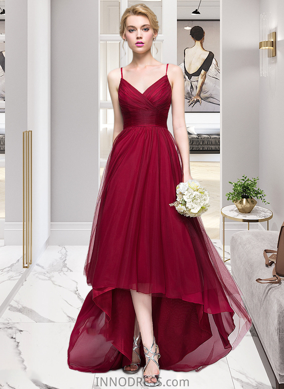 Isabelle A-Line V-neck Asymmetrical Tulle Bridesmaid Dress DPP0013270