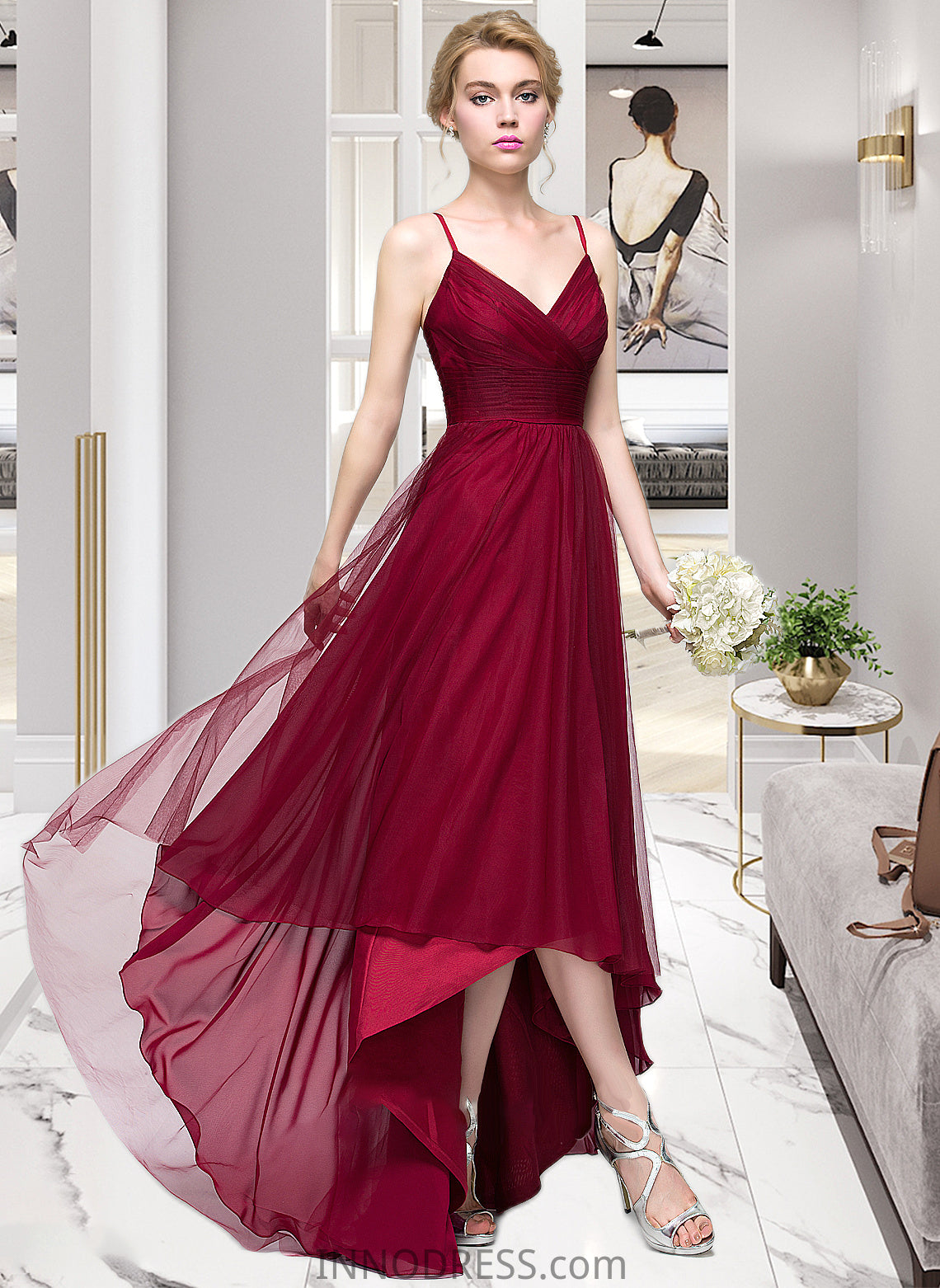 Isabelle A-Line V-neck Asymmetrical Tulle Bridesmaid Dress DPP0013270