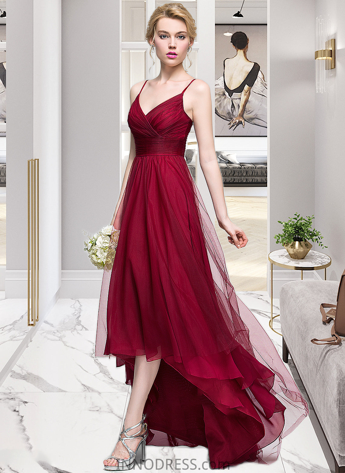 Isabelle A-Line V-neck Asymmetrical Tulle Bridesmaid Dress DPP0013270