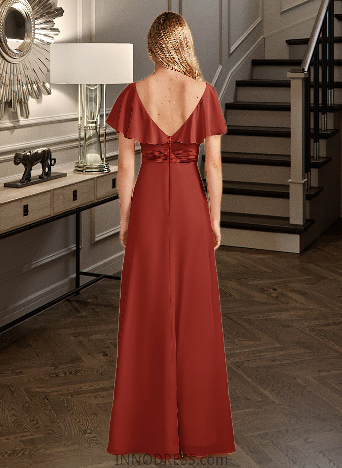 Beatrice A-Line High Neck Floor-Length Bridesmaid Dress With Ruffle Split Front DPP0013271