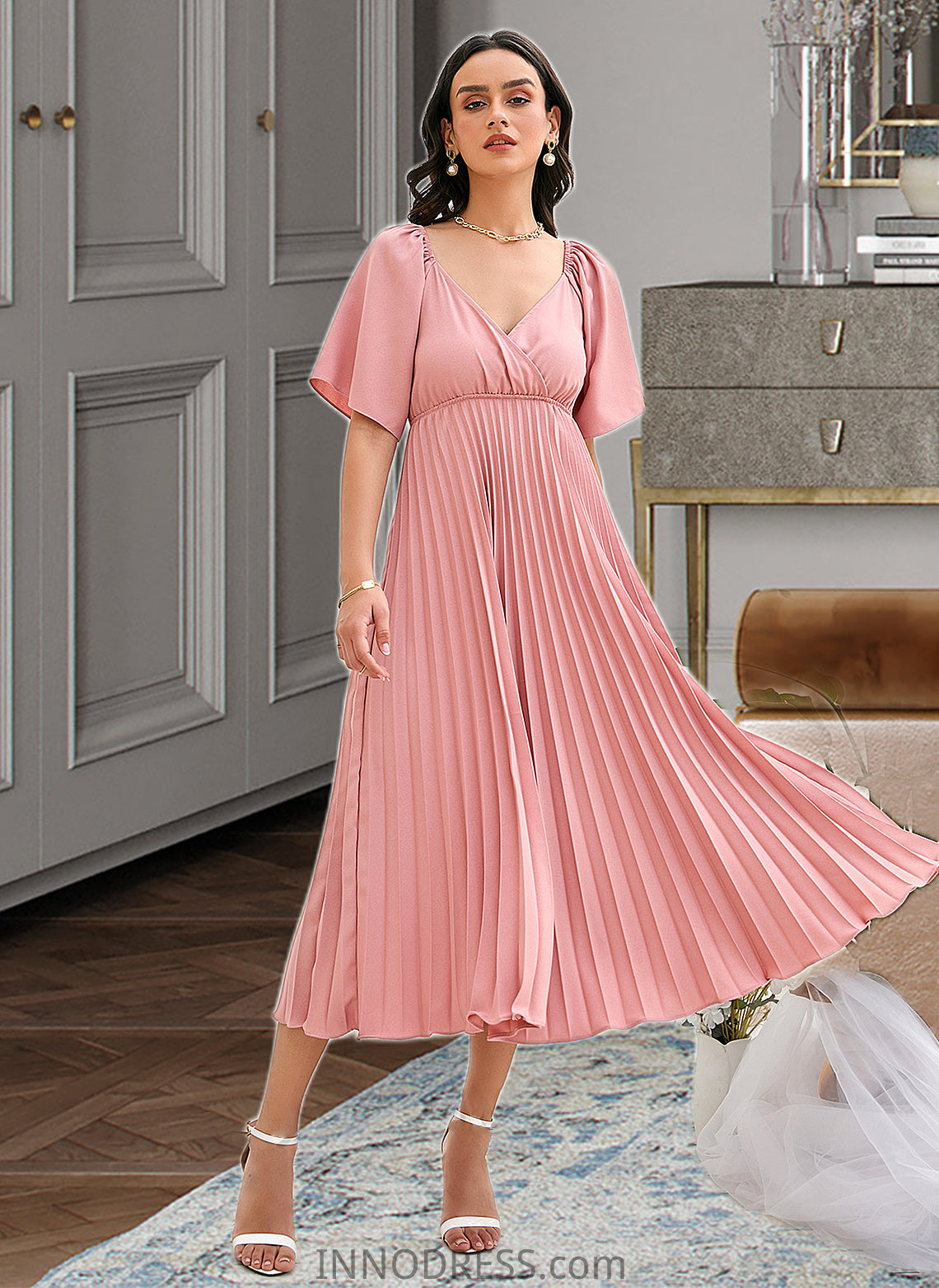 Catherine A-LineV-neckTea-LengthBridesmaidDressWithPleated#273656 DPP0013273